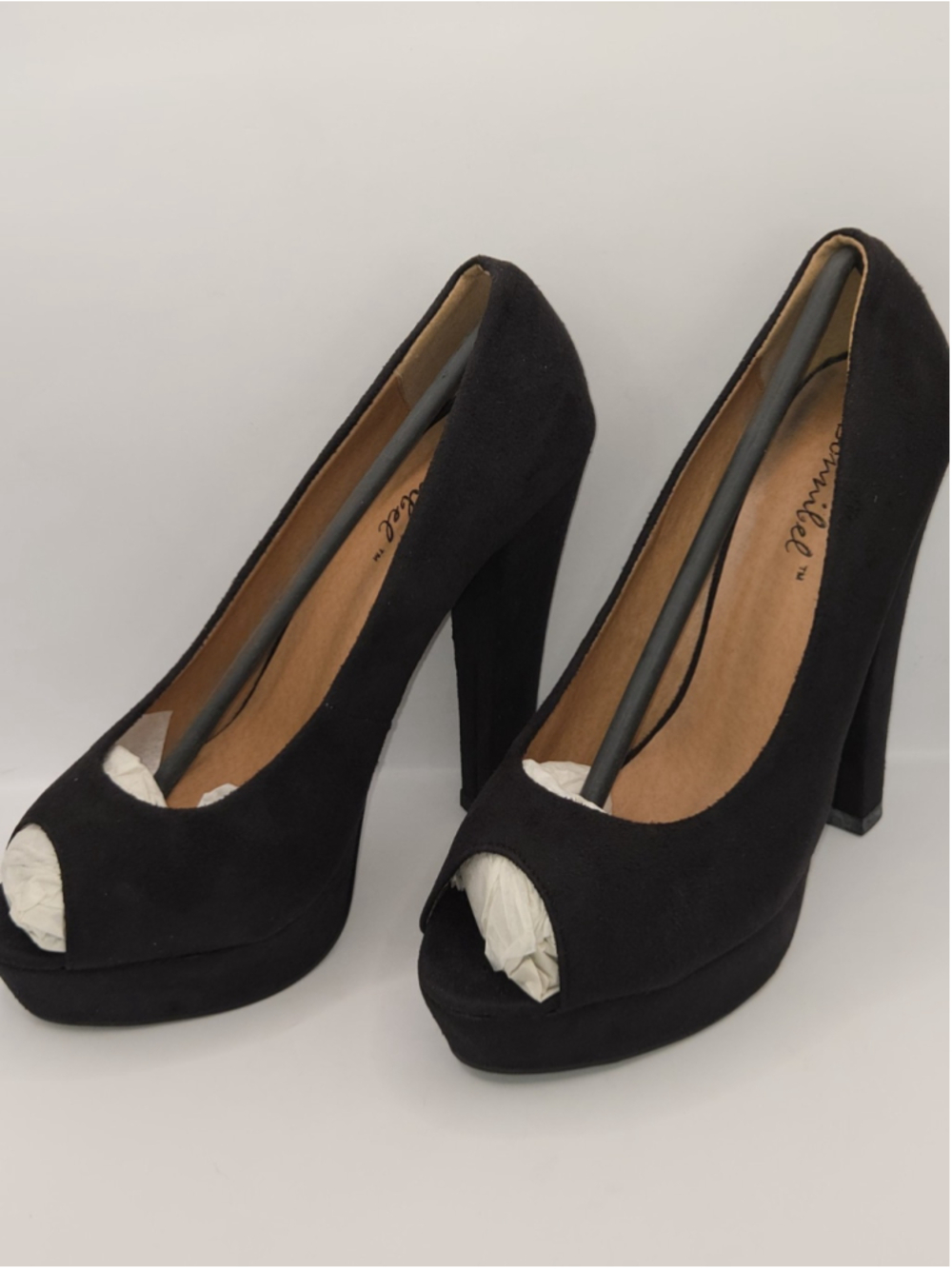 Bonnibel Peep Toe Black High Heel Size 7.5 Pumps 5" Heel 1" Platform Suede Tisha